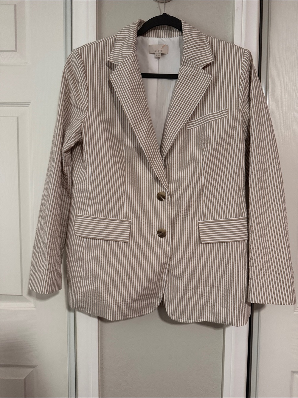 LOFT Beige and White Striped Seersucker Blazer